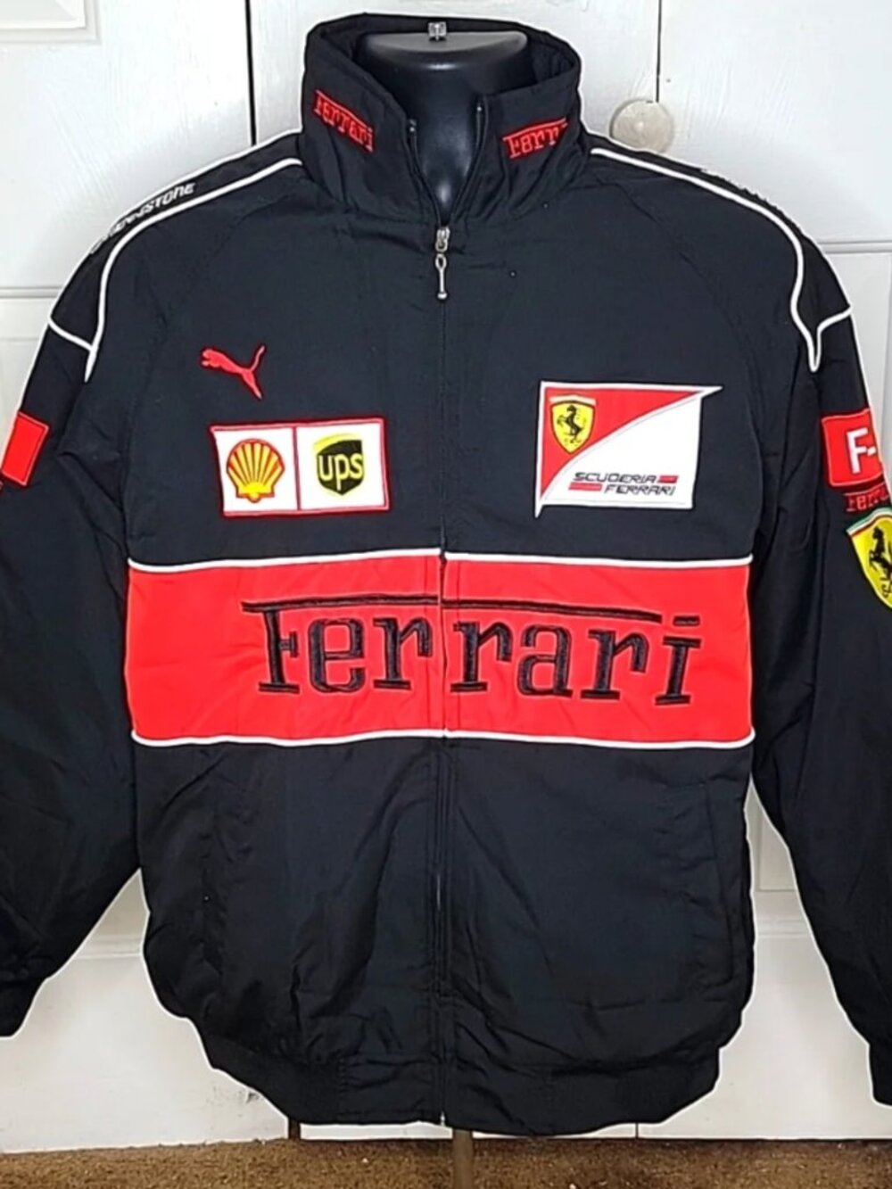 Ferrari F1 UPS Embroidered Shell Racing Jacket Size Medium Black, Red, White